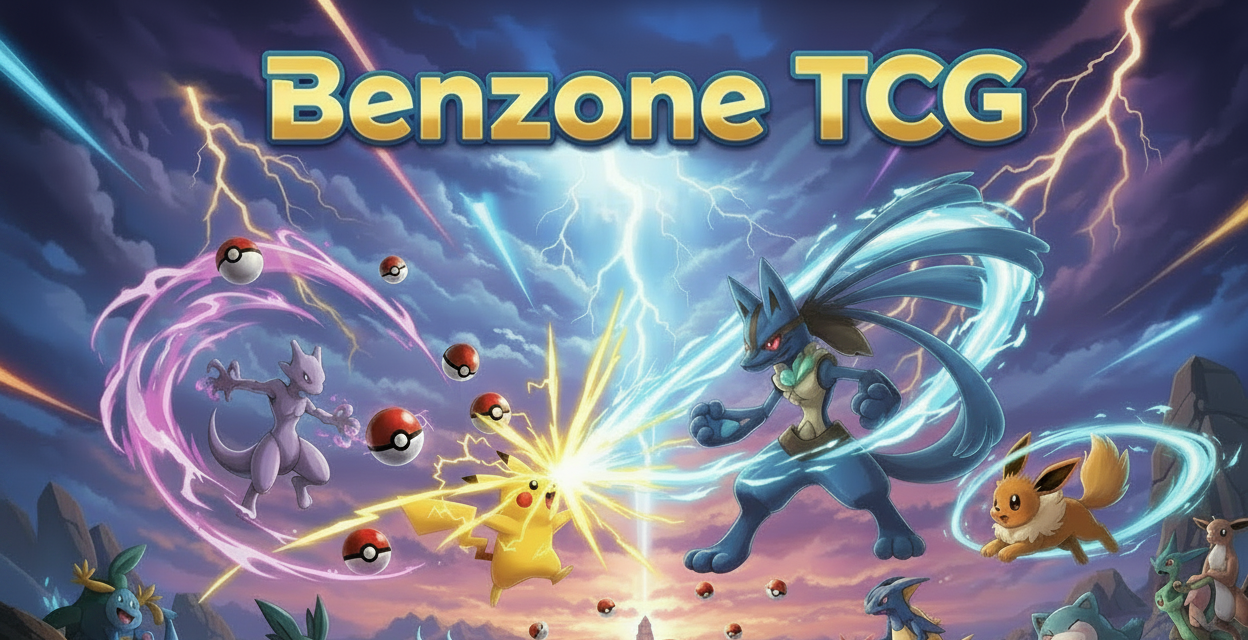 Cartoon characters with a dragon-like creature and 'Benzzone TCG' text in a fantasy setting.